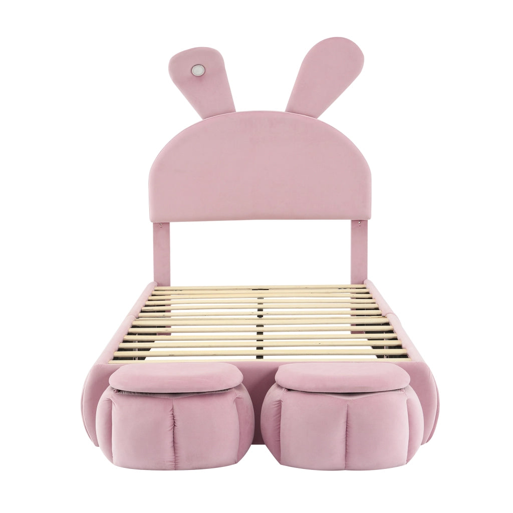 Letto Singolo 90x200 cm - LED Regolabile; 2 Pouf Contenitore e Testiera Regolabile - Rosa