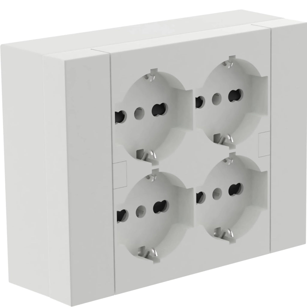 MULTIPRESA da parete ESTERNA  4 PRESE schuko bianca con scatola di supporto per installazioni superficiali, compatibile con tutte le scatole da incasso 3 posti (muratura o cartongesso)