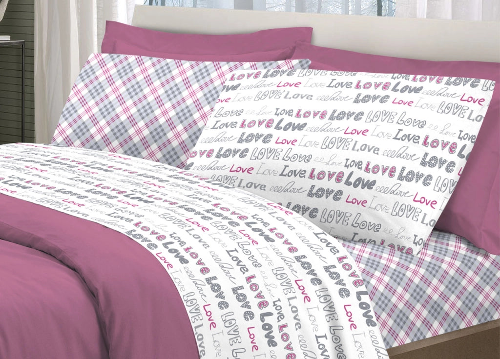 Completo Lenzuola Letto Linea Young 100% Cotone Disegno Love Love - Matrimoniale - Rosa