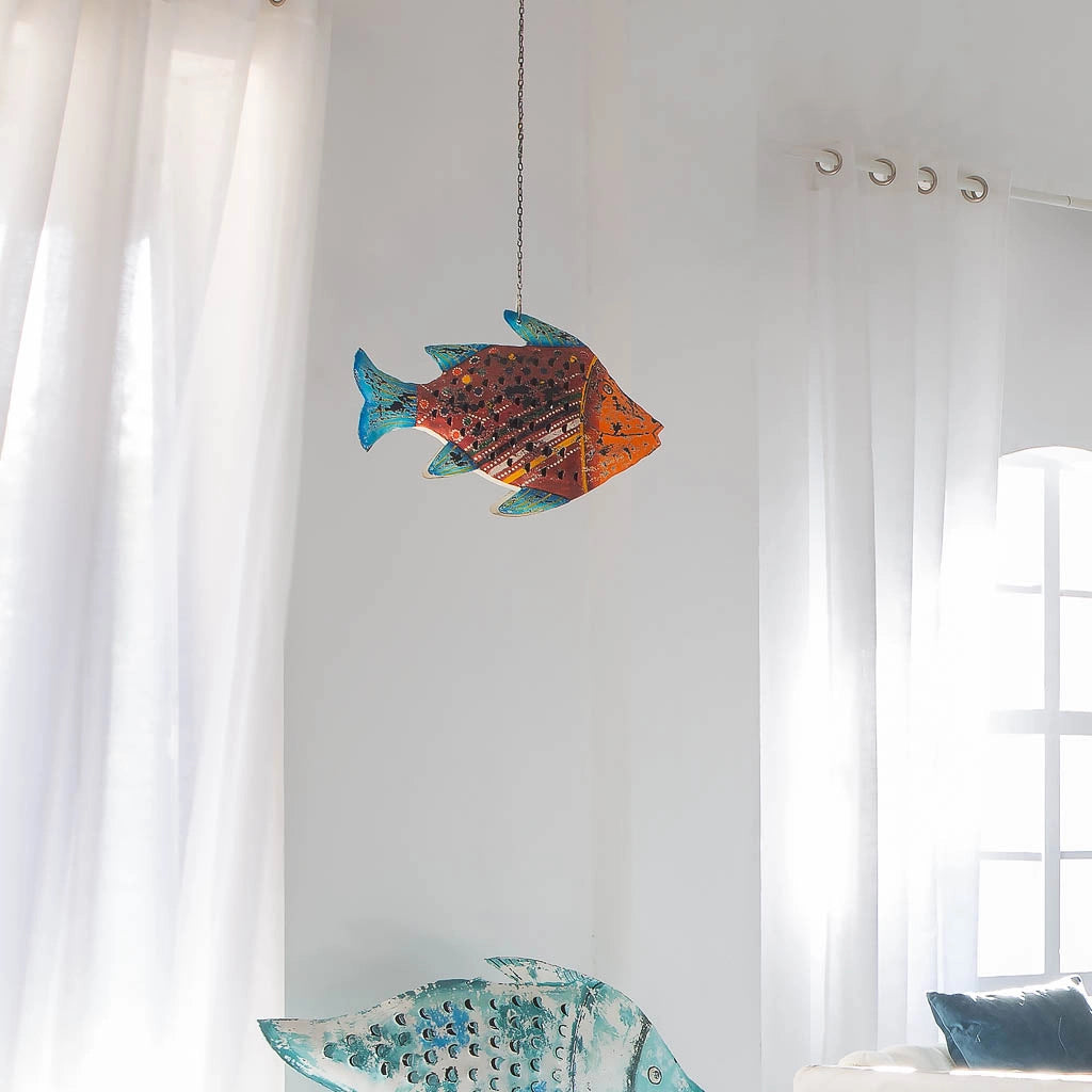 Portacandele pesce in metallo invecchiato 50x10x32