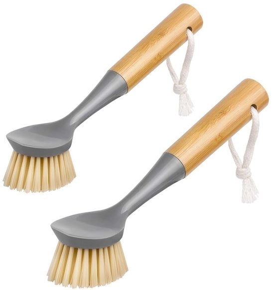 Borsetto per la pulizia dei piatti in bambù con manico rigido - schiuma abrasiva - spazzola per la pulizia - resistente alle macchie - pulizia del lavello - cucina - 23 x 6 x 4,5 cm - spazzola per la pulizia