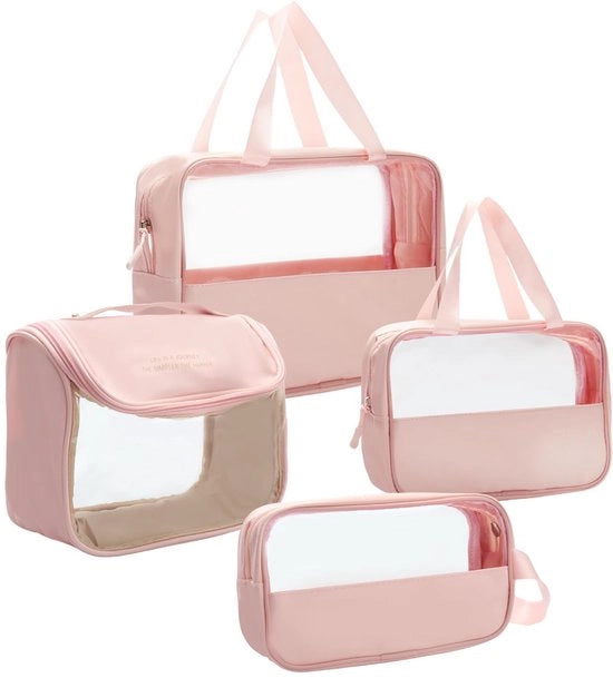 Set di contenitori per bagno trasparenti, 4-pack, con rivestimento PVC + PU, impermeabile, contenitori per bagno trasparenti per donne, adatto per aeroporti (rosa)