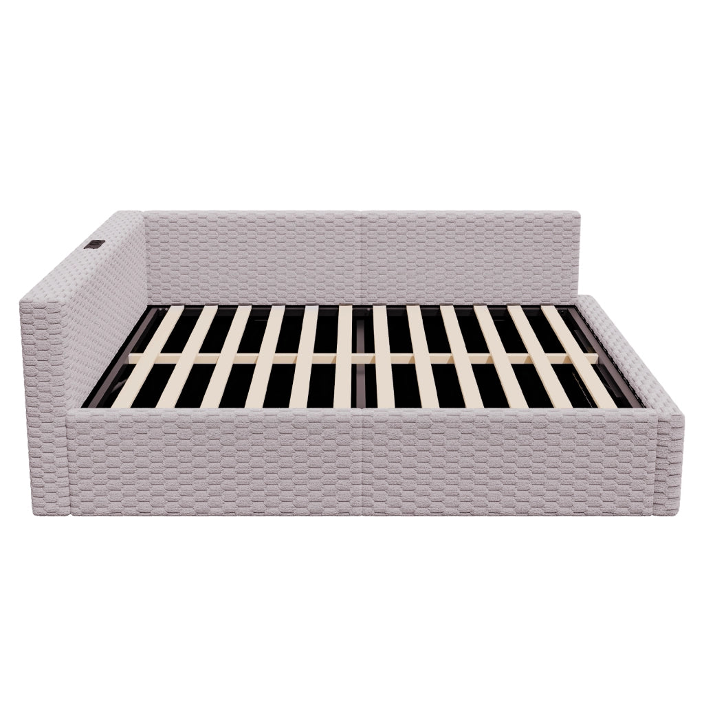 Letto imbottito matrimoniale 140×200 cm con contenitore idraulico; LED; USB e Type-C; senza materasso; grigio