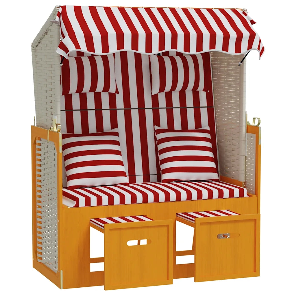 Strandkorb con Cuscini Polyrattan e Legno Massello Rosso Bianco CFW3715179