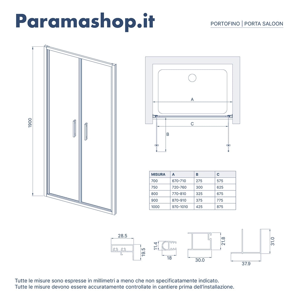 Porta doccia 75cm con apertura saloon profili slim cromati vetro 6mm opaco h190 | Portofino