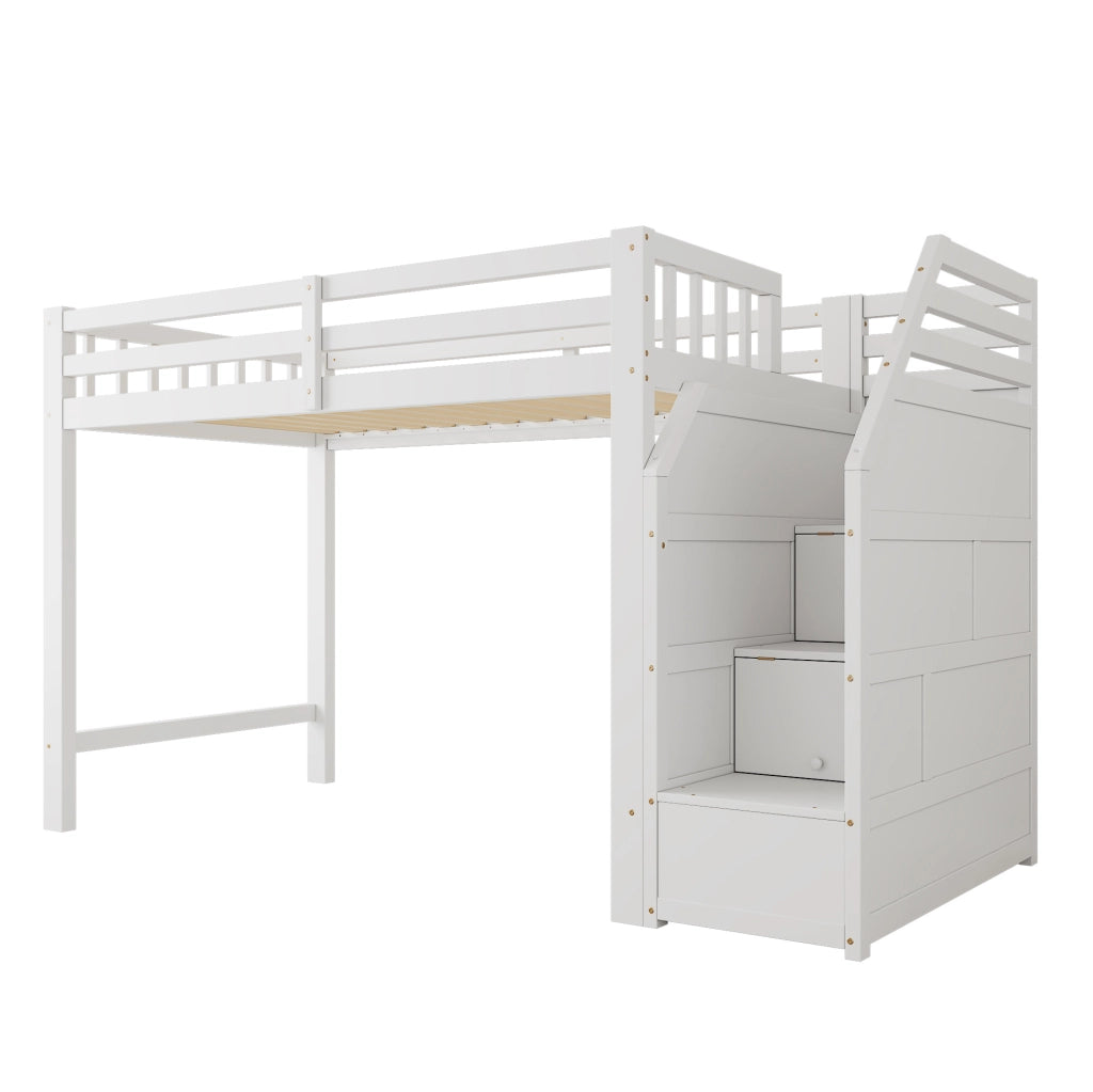 Letto a soppalco ULEVR 90x200 cm con rete a doghe, protezione laterale e scala contenitore, bianco