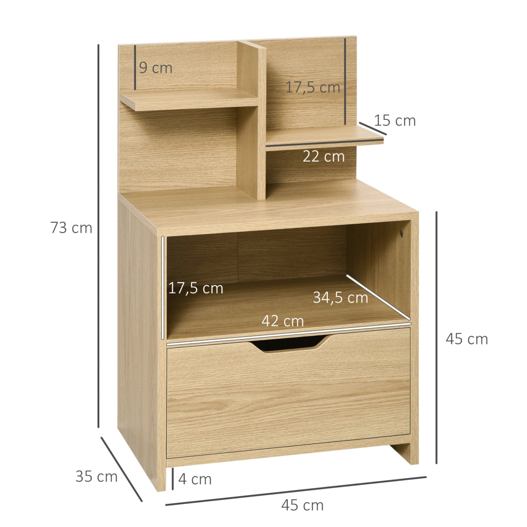 Comodino con cassetto, nicchia e ripiani effetto legno ¨C zephmum ¨C naturale 45x35x73 cm