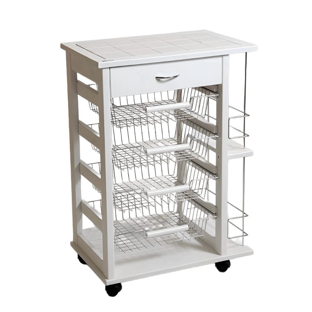 Carrello da cucina 4 cestini estraibili con ripiani porta bottiglie ed un cassetto Vesuvio colore bianco