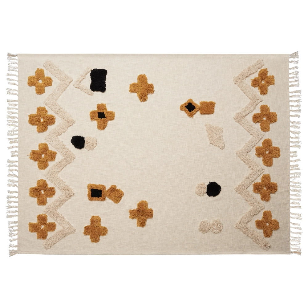 Coperta beige e giallo cotone 130 x 180 cm copriletto motivo astratto frange camera da letto soggiorno