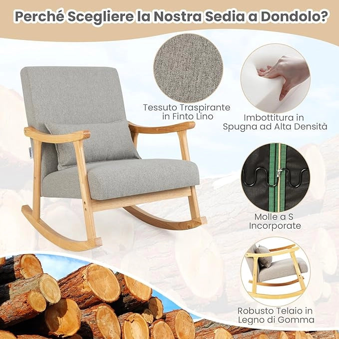 Sedia a Dondolo, Sedia Ergonomica Relax con Schienale Alto e Cuscino Seduta Imbottito, Struttura in Legno di Gomma Naturale e Cuscino Lombare Morbino, Poltrona Moderno per Soggiorno (Grigio)