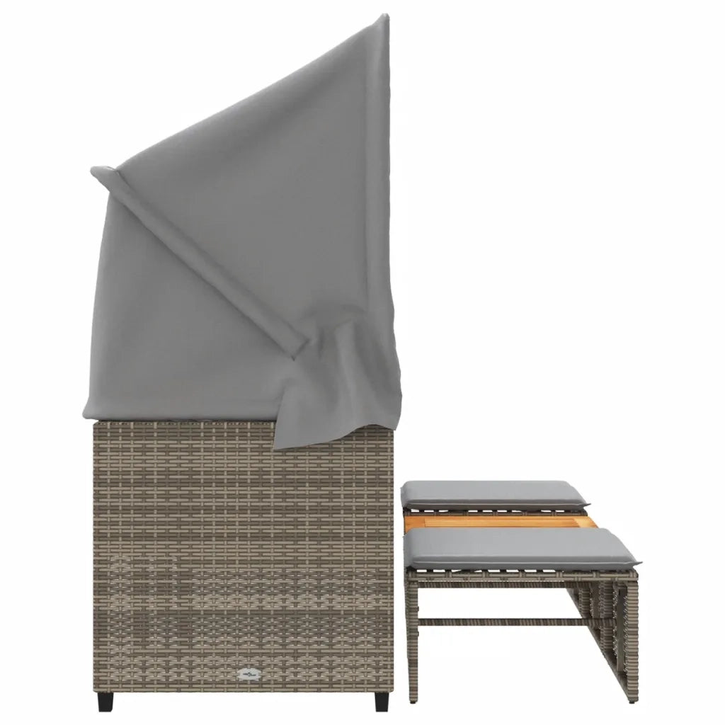 Divano Giardino 3 Posti con Tetto e Sgabelli-Sofa da Giardino-Divanetto da esterno Grigio Polyrattan