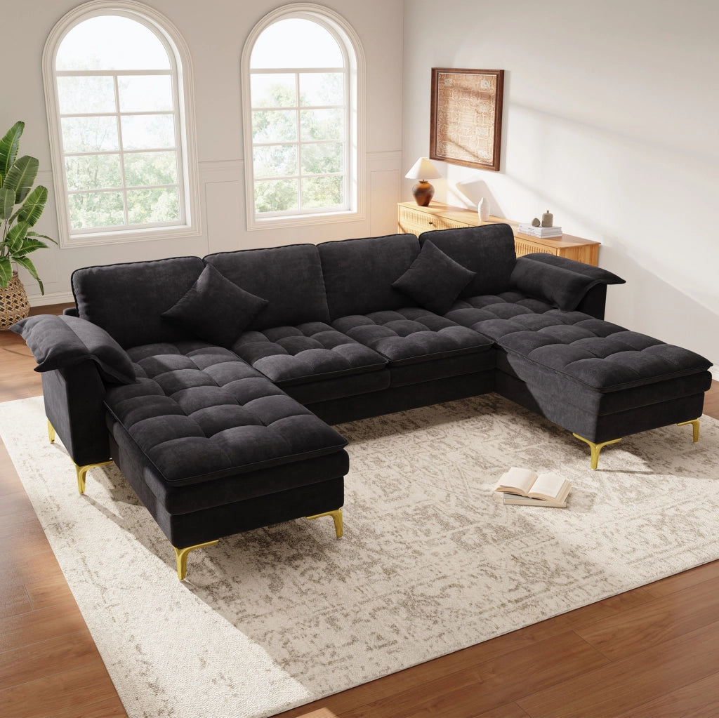 Sofa a U modulare 4-5 posti 262x134x86 cm in chenille nero; con 2 chaise longue