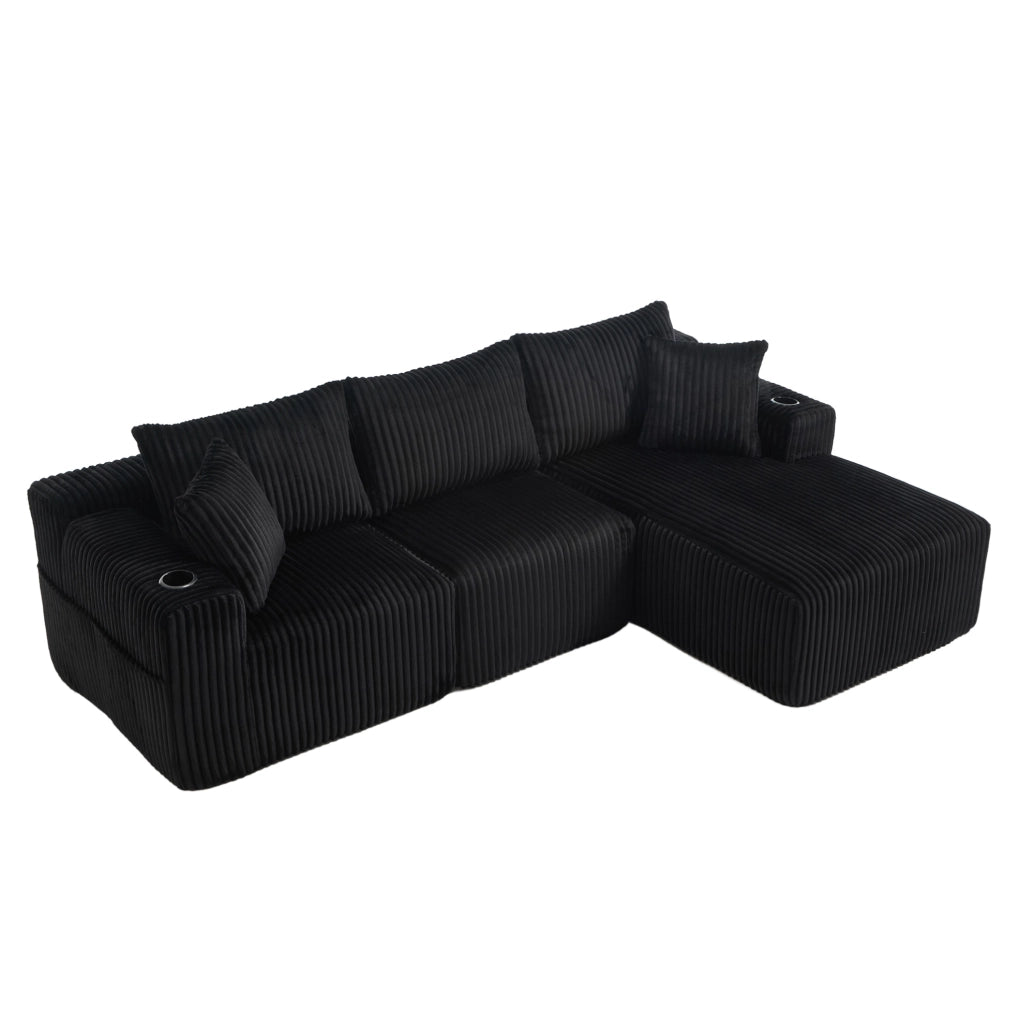 Divano modulare 257x160x62 cm con 5 cuscini; tasche laterali e portabicchieri in velluto a coste nero