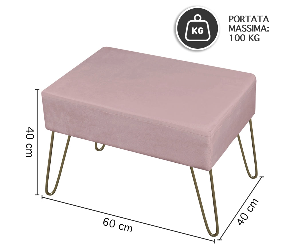 Pouf Poggiapiedi In Velluto Con Gambe Dorate Elegante Imbottito Sgabello Per Toeletta Mobile Trucco Ottomano Ingresso Tavolino Camera Da Letto Soggiorno Salotto  - Rosa Antico - Rettangolare