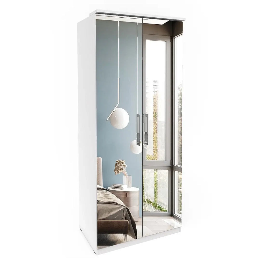 Armadio a 2 porte con specchio, collezione MODULO, bianco con LED, pacchetto di 3 ripiani incluso.