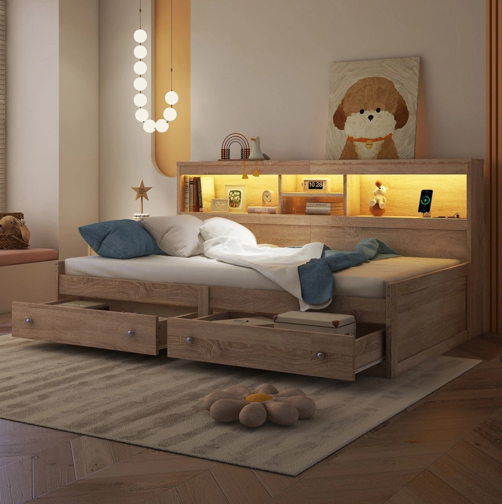 Letto a daybed 90x200 cm con LED, USB e cassetti