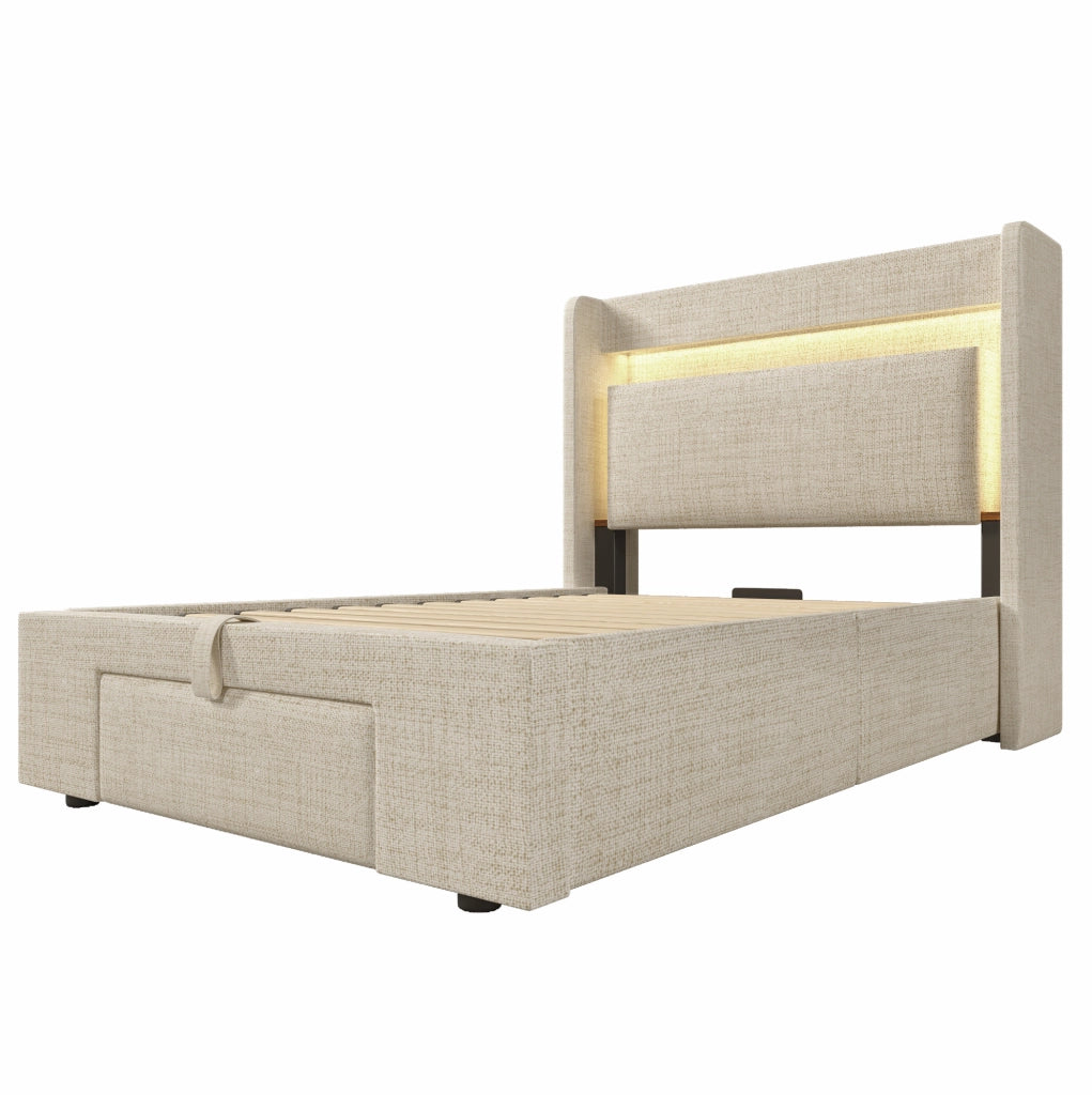 Letto contenitore 90x200 cm con LED; USB e USB C; beige; lino