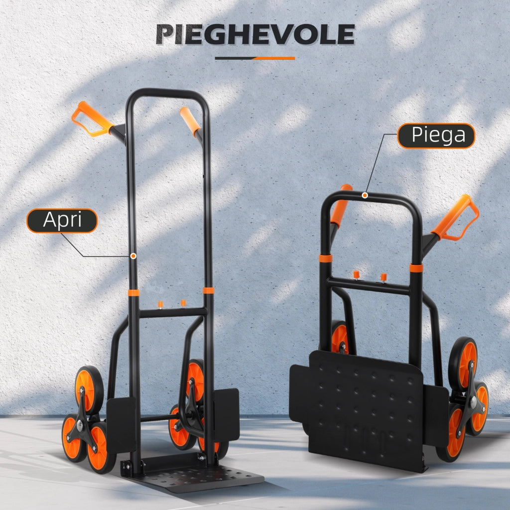 Carrello Portapacchi per Scale 6 Ruote 44x38x106,5 cm Pieghevole Portata 120kg in Acciaio Arancione