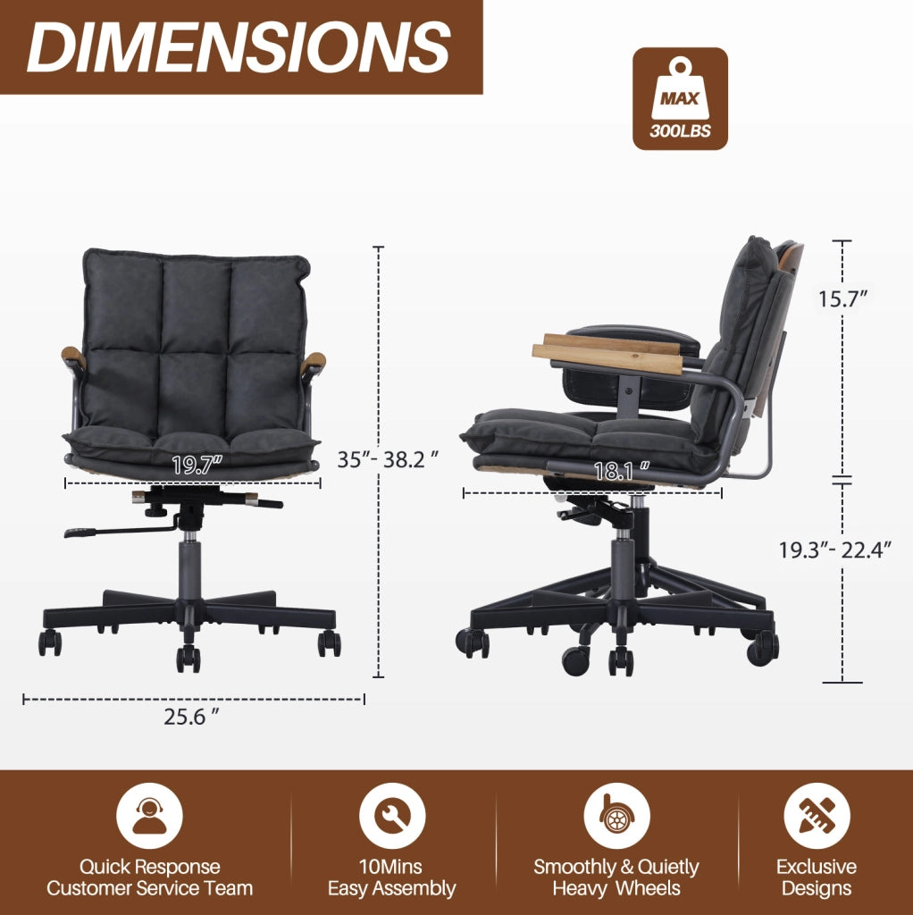 Sedia da ufficio girevole regolabile in similpelle nera; design Mid-Century Modern
