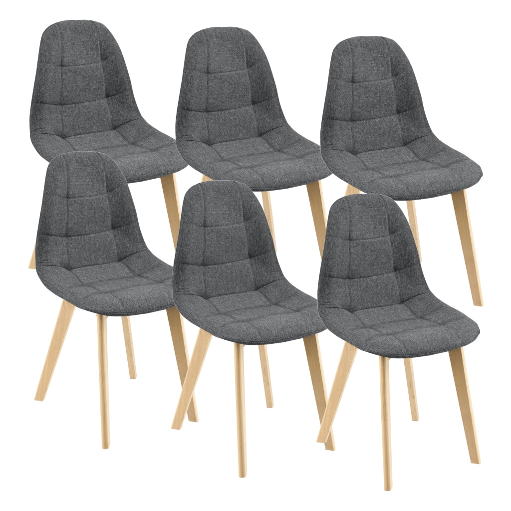 Set di 6 Sedie Imbottite per Sala di Pranzo/Attesa/Salotto/Studio - 6 Sedie in Stile Trapuntato - Rivestimento in Tessuto, Gambe in Legno di Faggio - Grigio Scuro