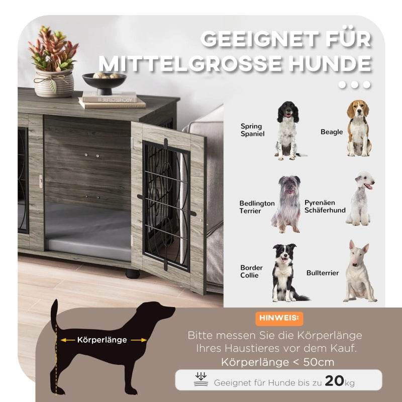 Cuccia per cani con cuscino lavabile e piano superiore in legno grigio con porta chiudibile 80 × 56 × 63 cm