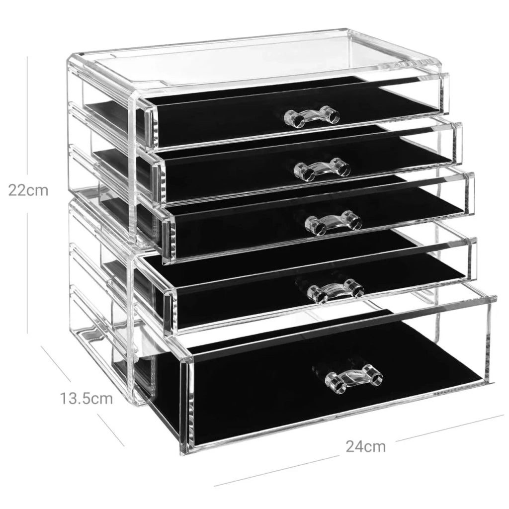 Organizer per trucchi Set di 2 contenitori impilabili per gioielli e trucchi 5 cassetti Organizer per cosmetici in polistirolo trasparente 12_0003526