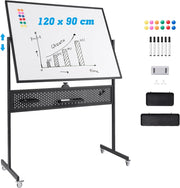 Lavagna bianca mobile double face, 120 x 90 cm, lavagna magnetica su gambe regolabile in 2 altezza, telaio in metallo, pannello perforato, 12 magneti, lavagna bianca rotella, nero