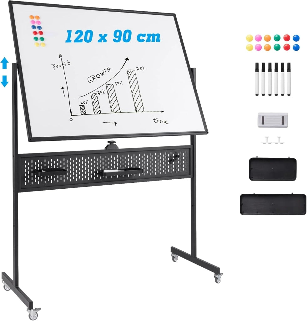 Lavagna bianca mobile double face, 120 x 90 cm, lavagna magnetica su gambe regolabile in 2 altezza, telaio in metallo, pannello perforato, 12 magneti, lavagna bianca rotella, nero