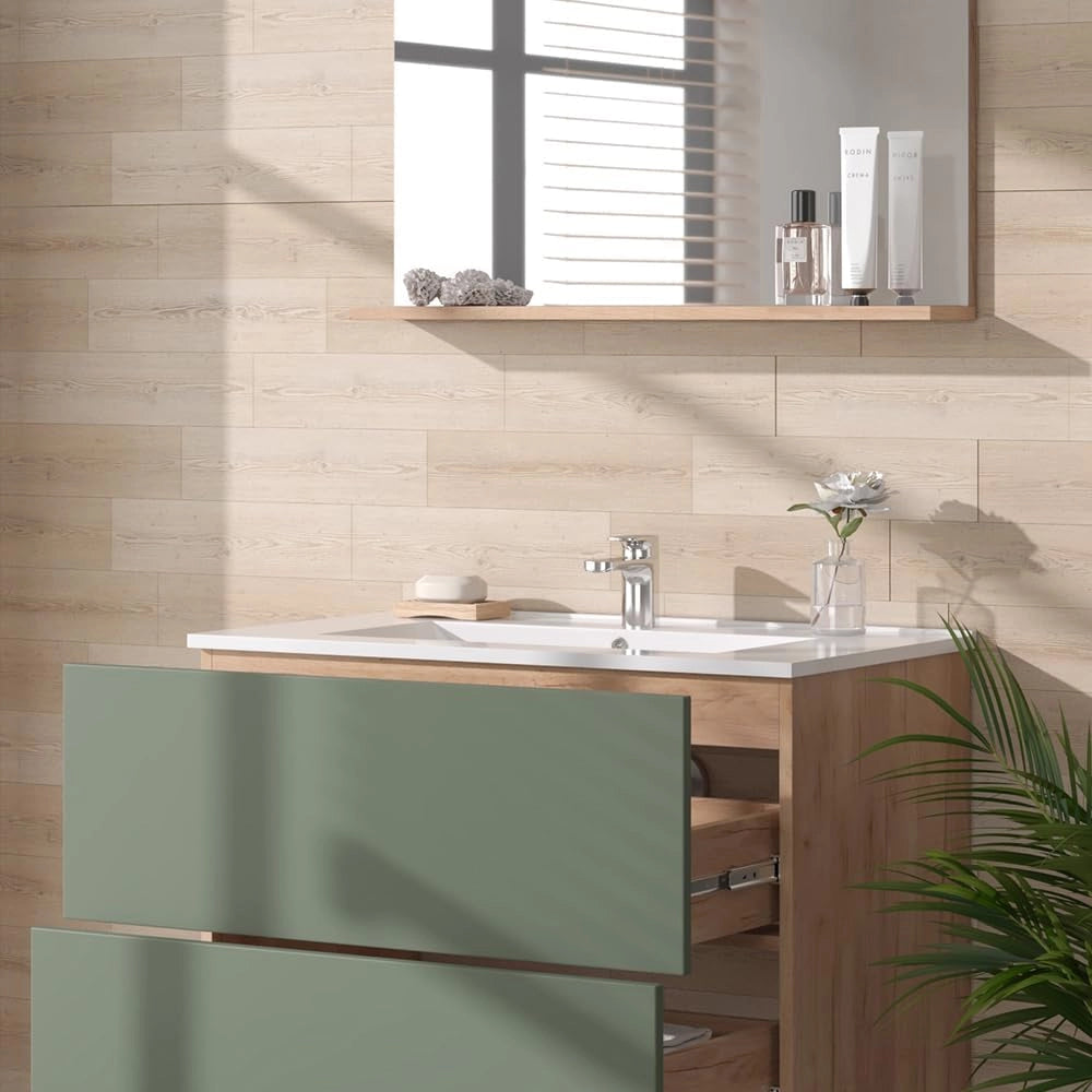 Set di mobili da bagno Izan, Goldkraft rovere/verde, 3 parti con specchio