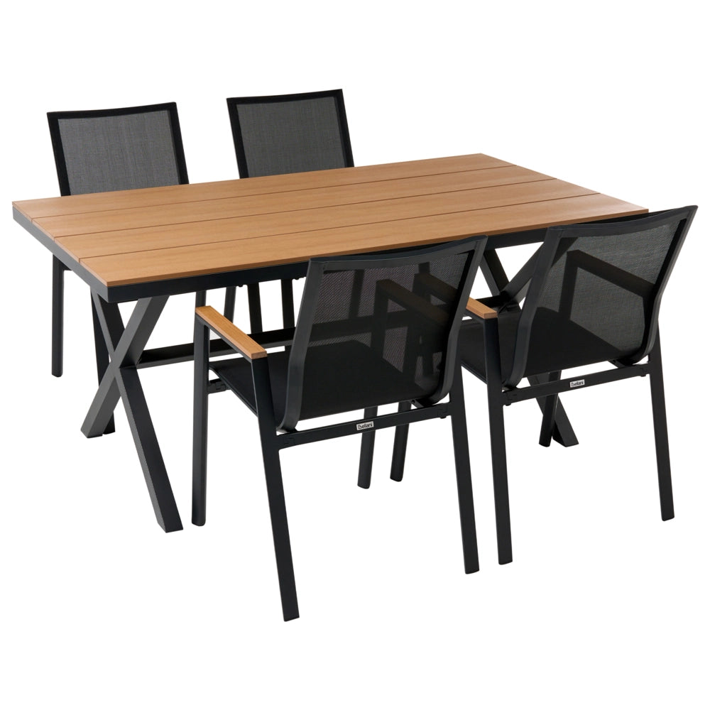 Set da pranzo da giardino a 4 posti Struttura in alluminio Nero Piano in legno plastico 4 sedie e tavolo da pranzo