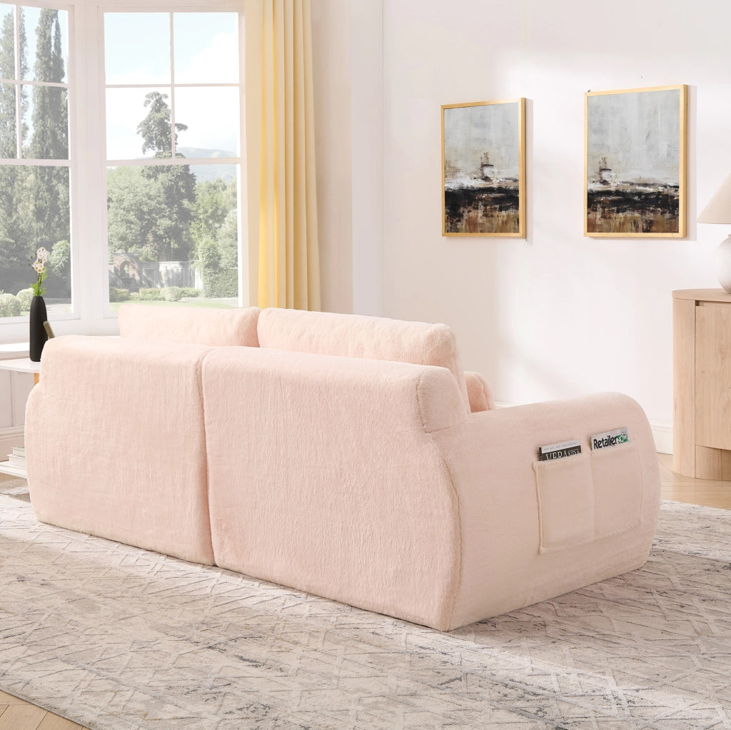 Divano 2 posti con porte USB e tasca laterale; tessuto effetto pelliccia; rosa
