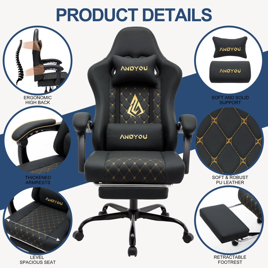 Poltrona Gaming Racing Ergonomic ¨C zephmum ¨C Pelle Nera 80x70x130