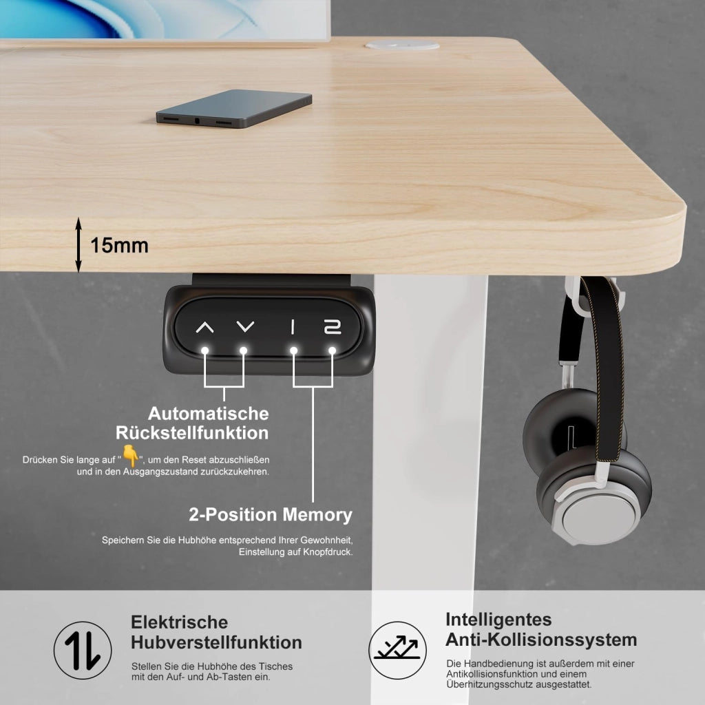 Scrivania regolabile in altezza, 120 x 60 cm, con vaschetta per cavi, altezza elettrica, stabile, scrivania per computer, memoria a 2 funzioni, seduta ergonomica in acero