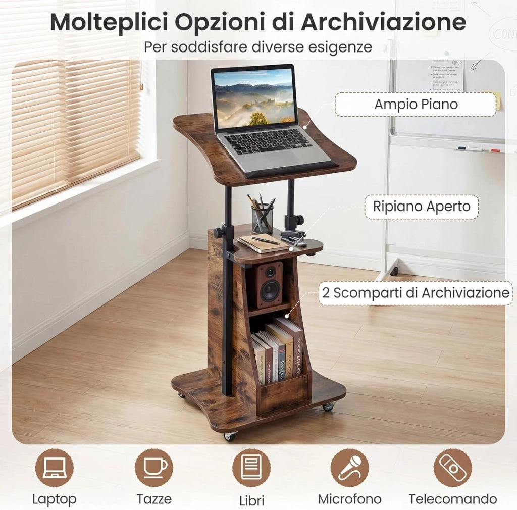 Leggio per Oratori, Podio per Conferenza con Ruote Bloccabile, Altezza Regolabile, Piano Ribaltabile e Armadietto Aperto, Leggio da Pulpito in Legno per Aula, Ufficio e Seminario (Marrone)