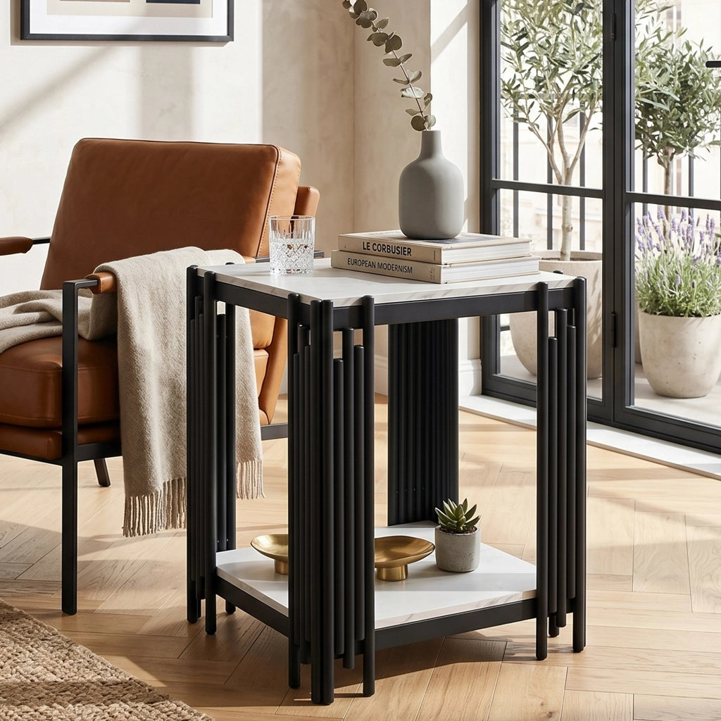 TAVOLINO 2 ripiani 43x40x55 cm MDF effetto marmo nero e bianco