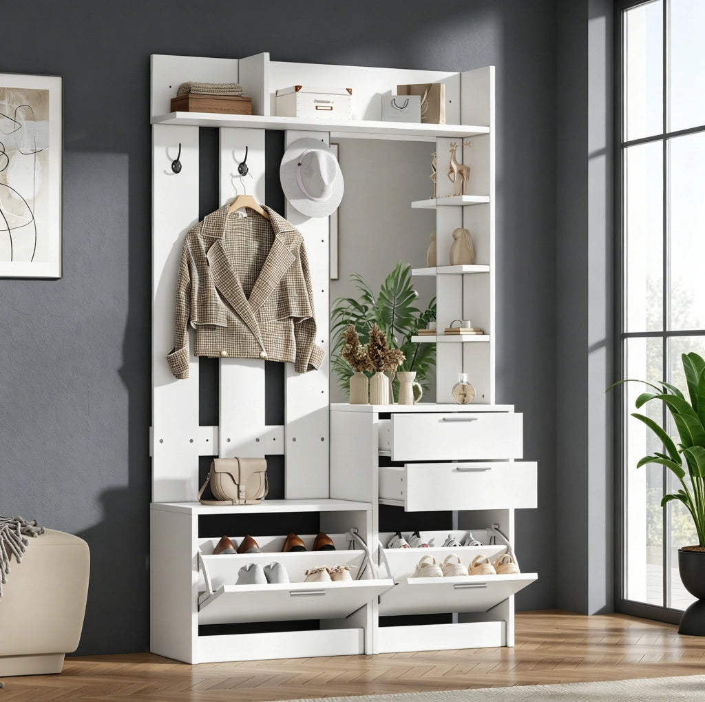 Armadio guardaroba bianco in MDF con specchio, 2 cassetti, 2 scarpiera ribaltabili, 3 ganci e 3 ripiani, 110x34x185 cm