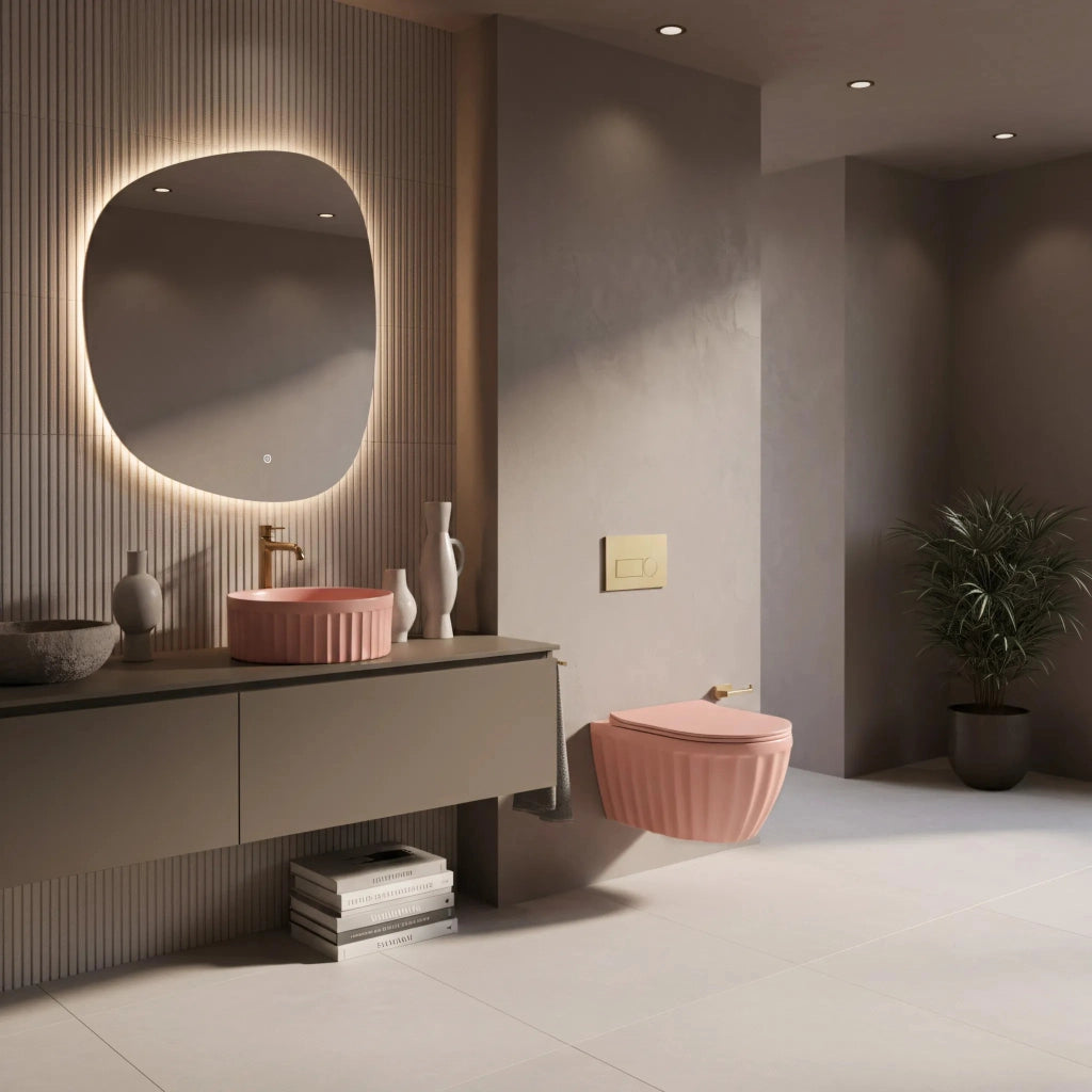 Set: Wc Sospeso + Lavabo Da Appoggio Rea Duo Sweet Pink Matt