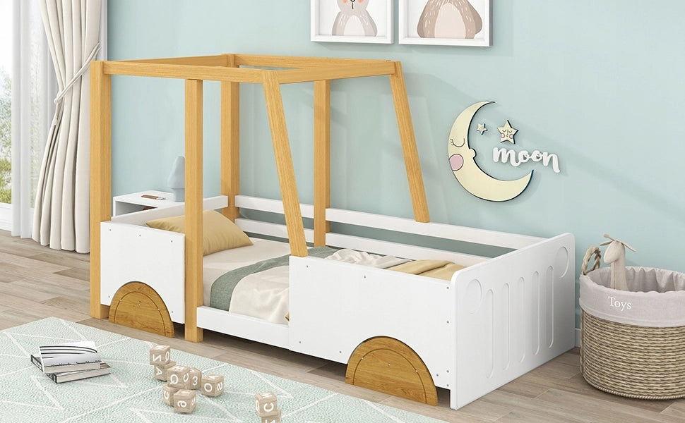 Letto a forma di auto per bambini - Xylo - 90x200 cm - Bianco e naturale
