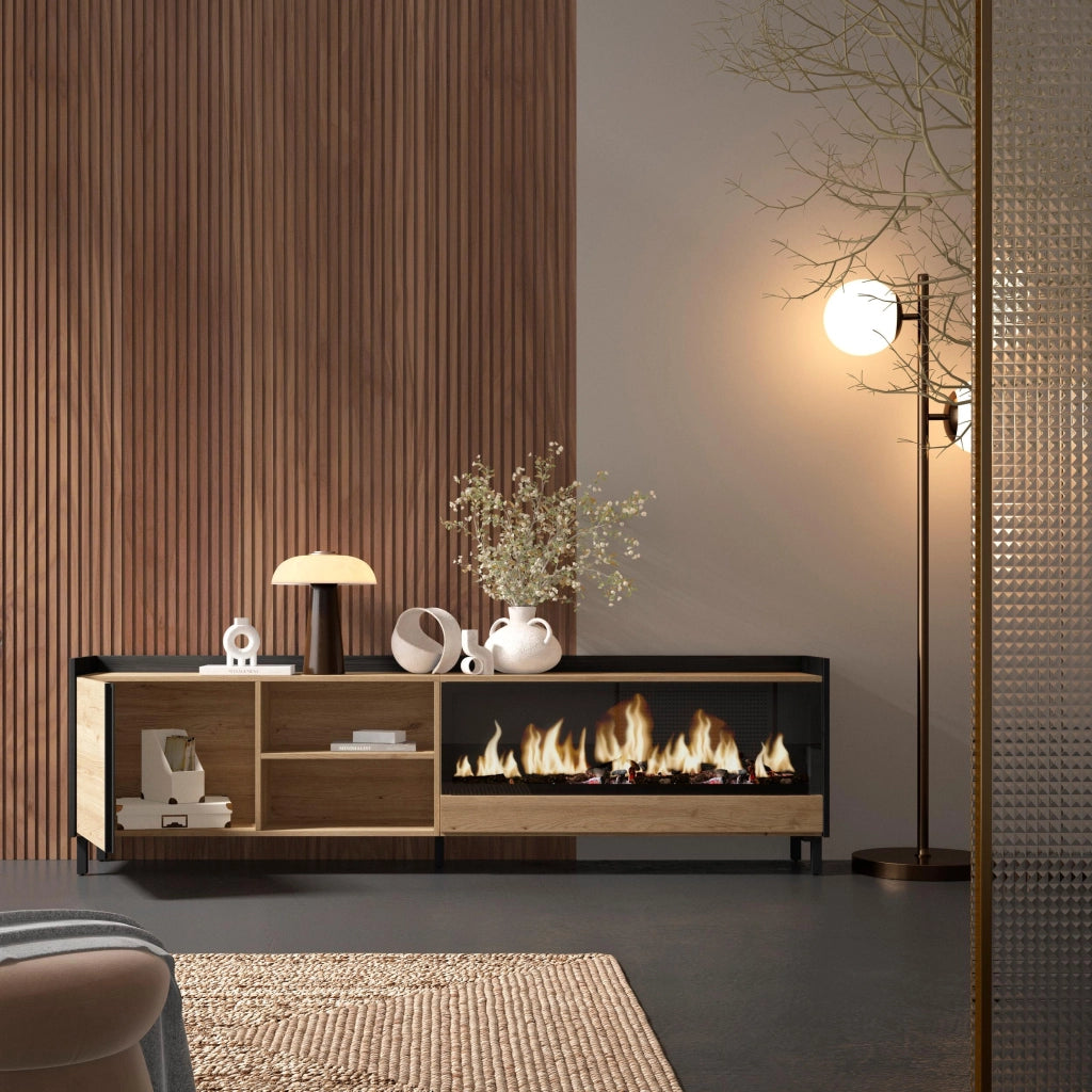 Mobile TV Soggiorno, 212x61x35 cm, Per TV fino a 80", Camino elettrico XXL, Design industriale, Rovere e nero