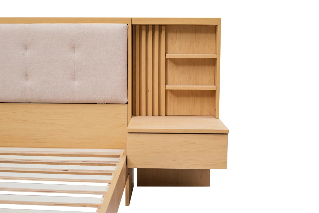 Letto contenitore sospeso 180 × 200 cm con testiera con ripiani e cassetti, prese USB e luce, senza materasso, rovere naturale