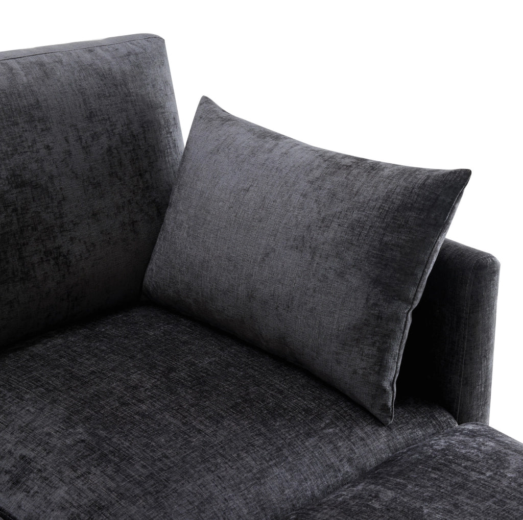 Divano angolare modulare 3 posti in ciniglia grigia con pouf mobile e 4 cuscini confortevoli