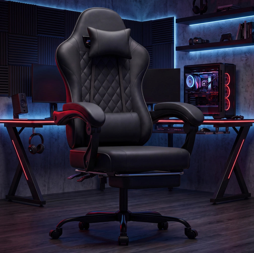 Sedia gaming 54x66x121-131 cm in PVC nero con poggiapiedi estraibile