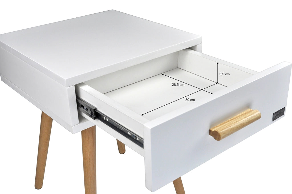 Comodino bianco con piedi in faggio linea Nordic - NO08CO