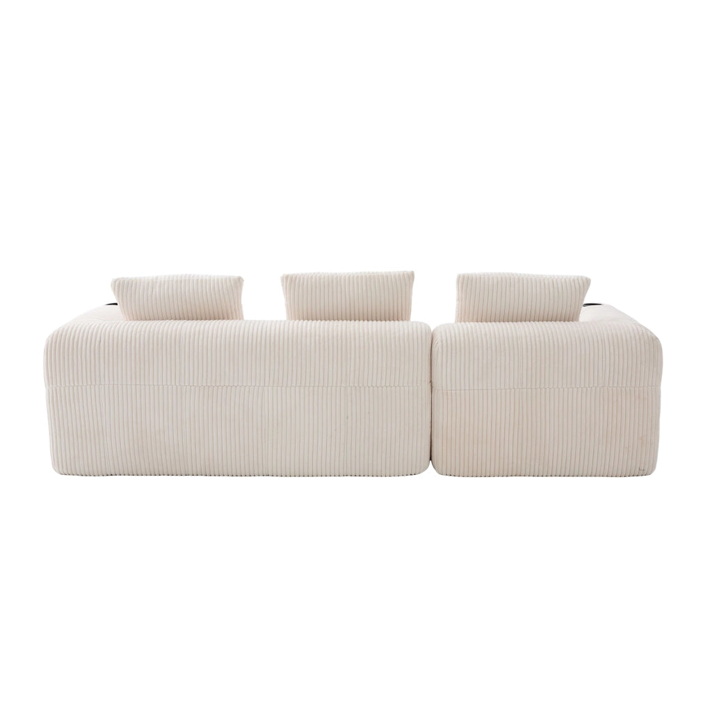 Divano compatto modulare in corduroy beige con tasche laterali, portabicchieri e 3 cuscini, design salvaspazio