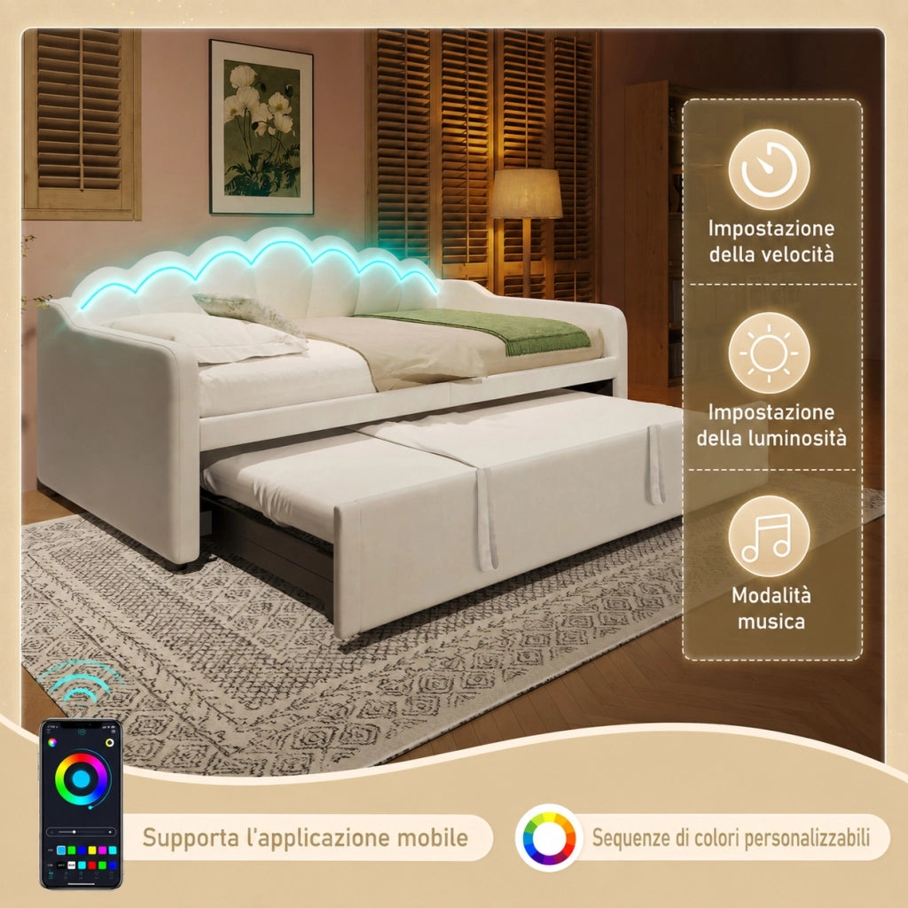 Divano letto singolo trasformabile; 90x200 cm; letto estraibile e LED multicolore; velluto e MDF; rosa