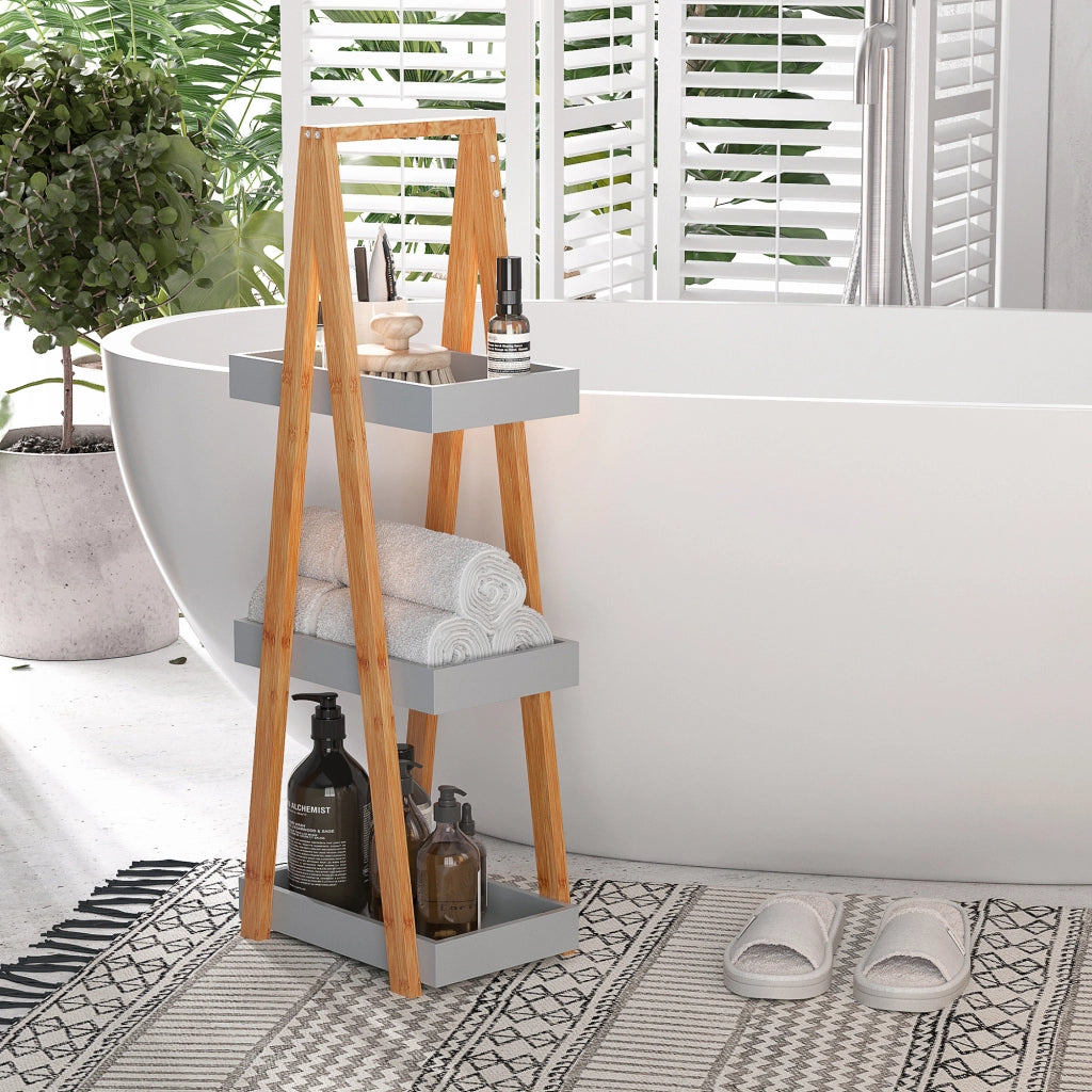 Scaffale da Bagno in Bamb¨´ con 3 Ripiani A-Forma ¨C zephmum ¨C Naturale e Grigio 30x18x81 cm