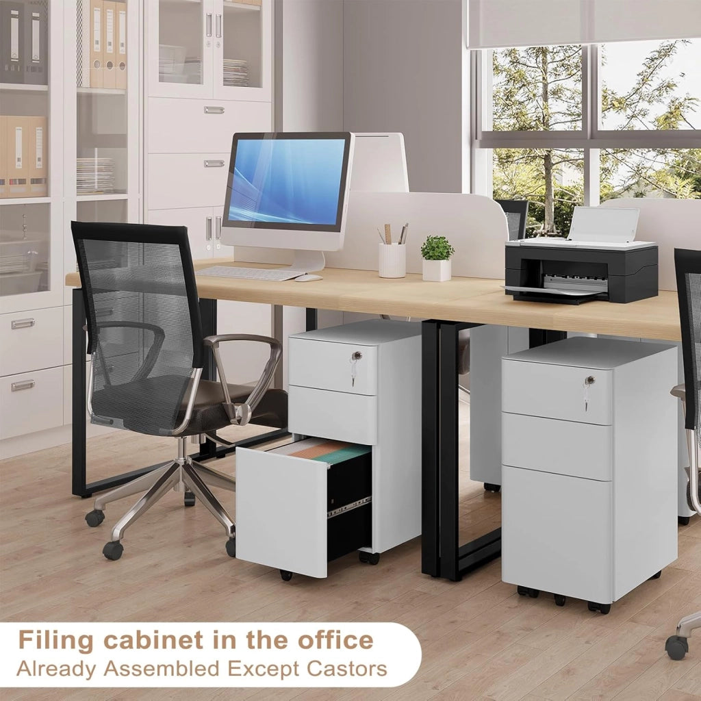 Cassettiera a 3 Cassetti, Schedario da Ufficio in Metallo, Organizer per Documenti con 5 Ruote, Cassettiera con Chiave, per Formato A4 Letter Legal in Studio, 30x45x60cm, Bianco, ASK10ws