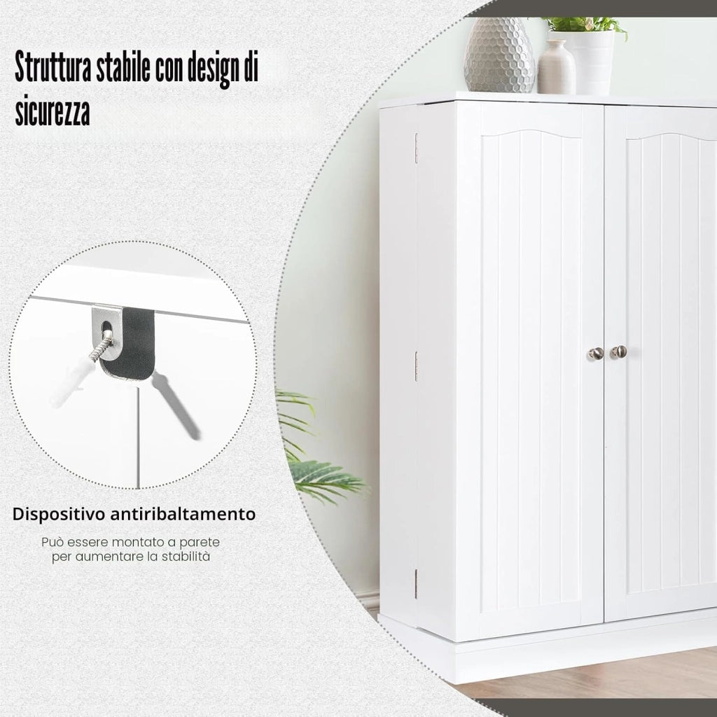 Armadietto Portaoggetti da Cucina, Credenza Aoggiorno a Doppia Porta con Ripiano Regolabile, Mobiletto Multioso con Dispositivo Antiribaltamento per Sala da Pranzo, 59x30,5x103cm (Bianco)