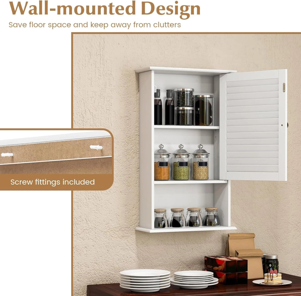 Armadio da Bagno a Parete con Porta, 2 Ripiani Regolabili e Scomparto Aperto, Armadio in Legno a 3 Livelli, Mobile Multiuso per il Bagno, Cucina, Ingresso, 42x17x70 cm (Bianco)