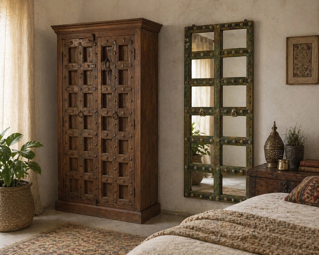 Armadio in legno con finitura artigianale marrone, 120x46x170h cm